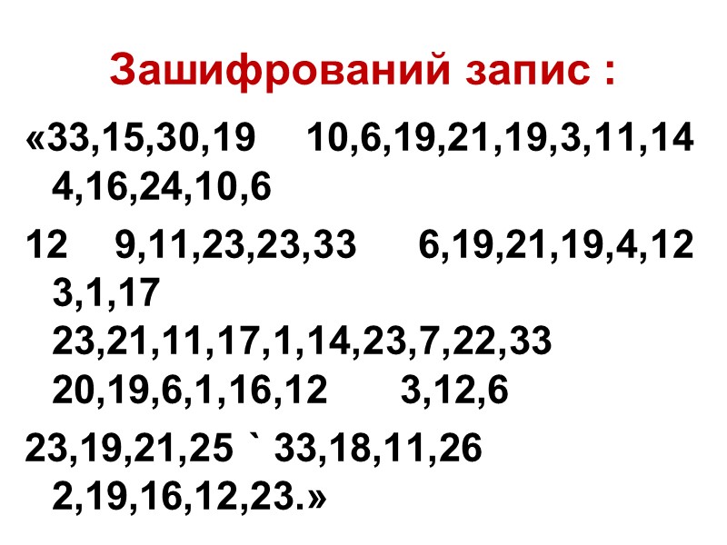 Зашифрований запис : «33,15,30,19    10,6,19,21,19,3,11,14     4,16,24,10,6 
